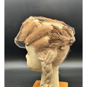 Vintage Mink Fox Fur Pillbox Hat Headpiece Copper Satin Fabric‎ Netting Womens